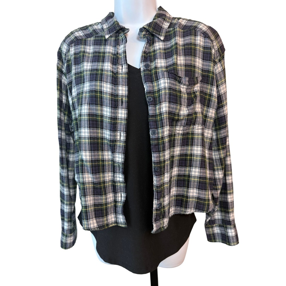 American Eagle Cropped Plaid Flannel Button Down Shirt Green Navy Small